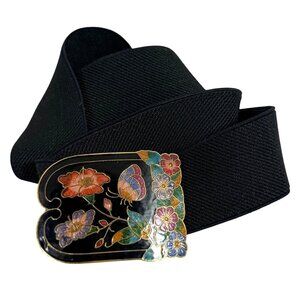Vintage 1980s Cloisonne Multicolor Flower Butterfly Buckle w/ Elastic Belt